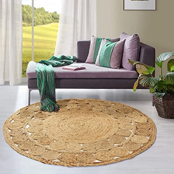 GRUHUM Natural Round Jute Cotton Area Rug 8x8 - Soft Jute Area Rug , Natural Indoor Braided Jute Area Rug for Kitchen , Dining , Living Room and Farmhouse Area Rug Jute