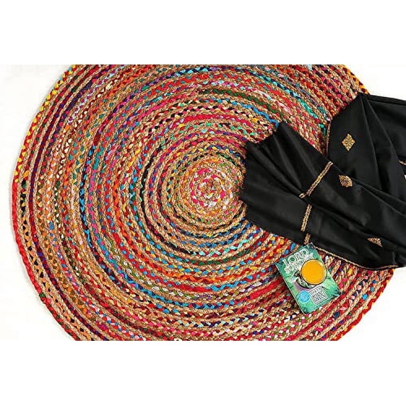 GRUHUM Natural Round Jute Cotton Area Rug 8x8 - Soft Jute Area Rug , Natural Indoor Braided Jute Area Rug for Kitchen , Dining , Living Room and Farmhouse Area Rug