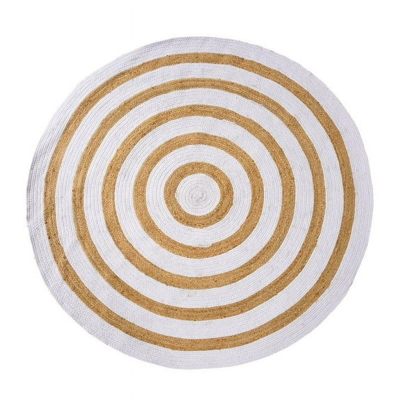 GRUHUM Round Jute Cotton Area Rugs 6ft Natural Fibre Rug with Rings Handwoven Boho Reversible Farmhouse Braided Rustic Vintage Rug Indoor Kitchen Bedroom Living Room Hallways Enterways 6 feet, White