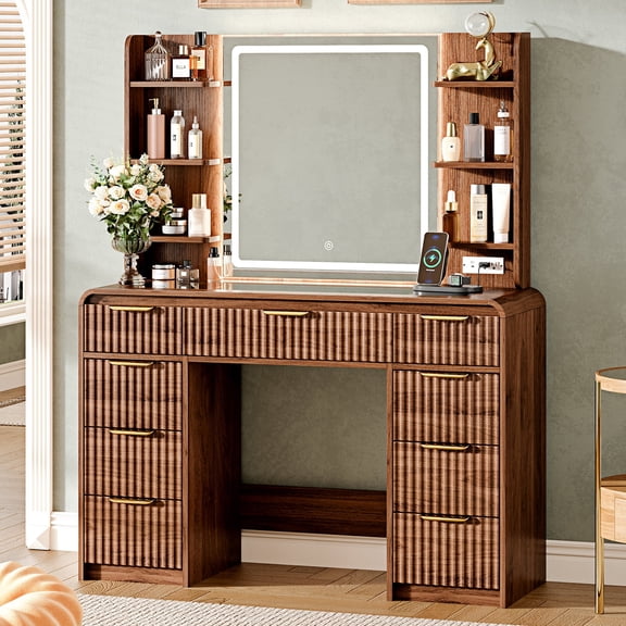GRUTEUNIT 43" Lighted Makeup Vanity, Mirror with 3 Lights, Power Outlet, Glass Top, 9 Drawers, Brown