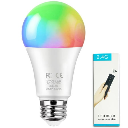 GRV 12W A60 Smart Light Bulbs with a 2.4GHz remote control,RGBCW Color Changing Led Bulbs,Stepless Dimmable 3000K-6500K,90W Equivalent, 800LM CRI>95,E26 Base,Light Bulb for Home Decor,1 Bulb & Remote