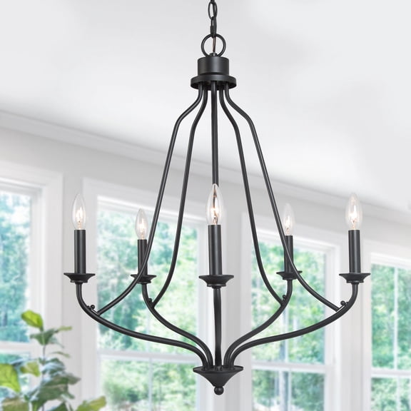GRWROAD Black Chandeliers Contemporary Style Adjustable Height Lighting with 5-Lights Wood Vintage Pendant Lighting Island Fixture Indoor Lighting for Kitchen, Bedroom, Dining Room, Living Room