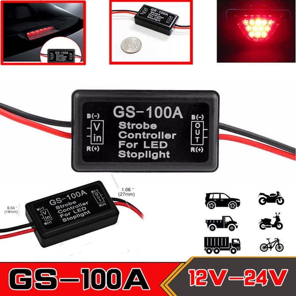 GS-100A LED Brake Light Strobe Flash Controller Module for Cars, Motorcycles, and Trucks - Universal 12V-24V LED Stoplight Flasher Relay, Waterproof Safety Alert Tail Light Controller