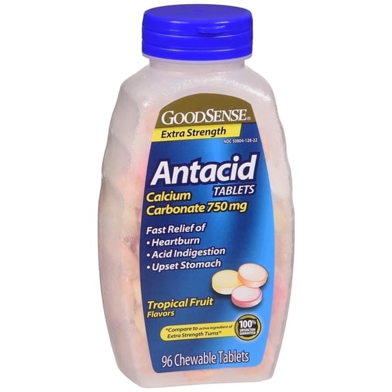 GS Antacid Extra Strength Chewable Tablets, Tropical Fruit, 96 Ct