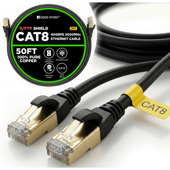 GS Cat 8 Ethernet Network Cable 50 Foot Shielded RJ45 LAN Cord, Supports Up to 40 Gbps and 2000 MHz, Heavy-Duty for Gaming, Streaming, Network Devices, PC PS5 Xbox Modem, Router, Wireless Bridge