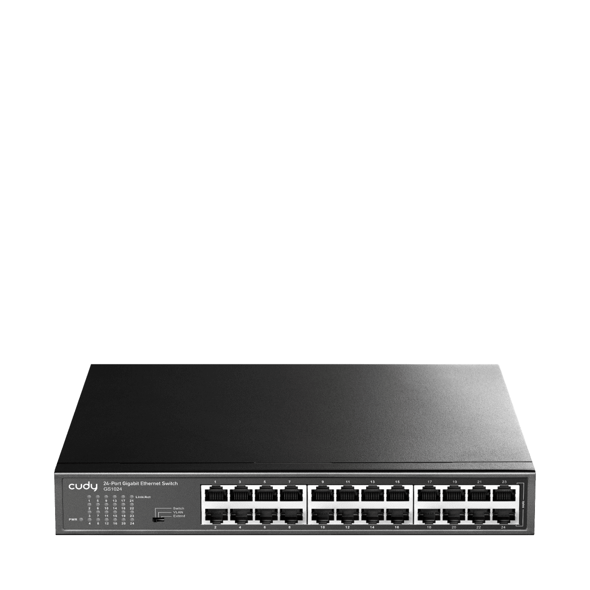 The GS1024 is a 24-port Gigabit Ethernet switch with a fanless, silent design. It supports VLAN/extended modes, desktop/rack mounting, and plug-and-play functionality.