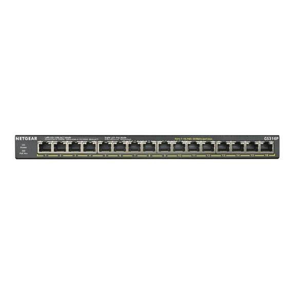 GS316P 16 Ports No Ethernet Switch - 2 Layer Supported - Twisted Pair - Desktop, Wall Mountable, Rack-mountable