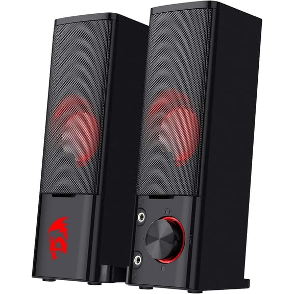 GS550 PC Gaming Speakers, 2.0 Channel Desktop Computer Sound Bar with Compact Maneuverable Size, Headphone Jack, Quality Bass & Decent Red Backlit, USB Powered w/ 3.5mm Cable