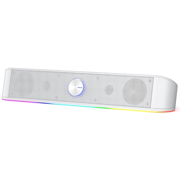 GS560 RGB Desktop Soundbar, 2.0 Speaker with Dynamic Lighting Bar Audio-Light Sync/Display, -Control Backlit with Volume Knob, USB w/ 3.5mm , White