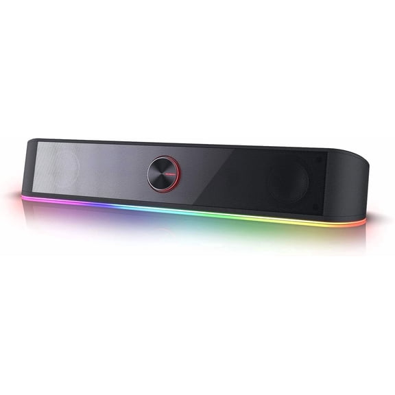 GS560 RGB Desktop Soundbar, 2.0 Speaker with Dynamic Lighting Bar Audio-Light Sync/Display, -Control Backlit with Volume Knob, USB w/ 3.5mm , Black