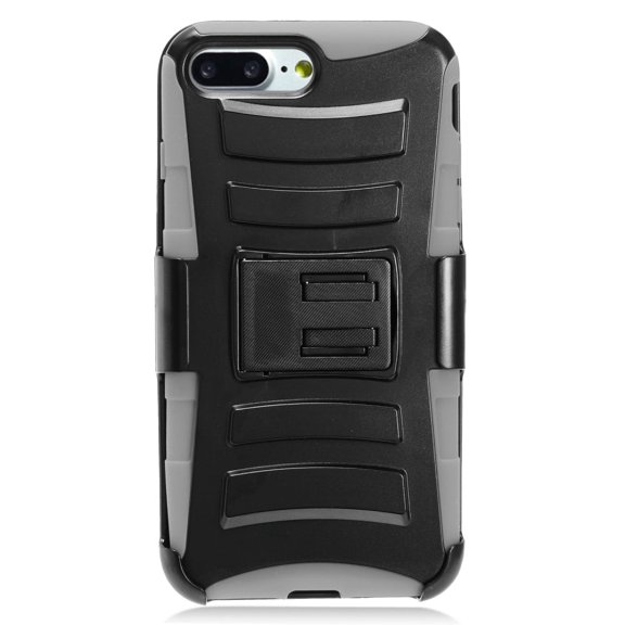 GSA Armor Hybrid Kickstand Case w/Holster For iPhone 8 Plus/7 Plus-Gray/Black