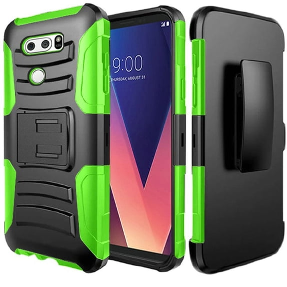 GSA Car Armor Hybrid Kickstand Case w/Holster For LG V30 - Black/Neon Green