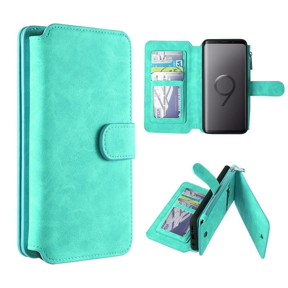 GSA Deluxe Luxury Leather Flip Wallet Case for Samsung Galaxy S9 Plus - Teal
