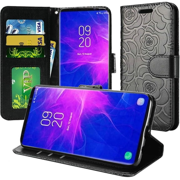 GSA Embossed Roses Leather Flip Wallet Case for Samsung Galaxy Note 9 - Black