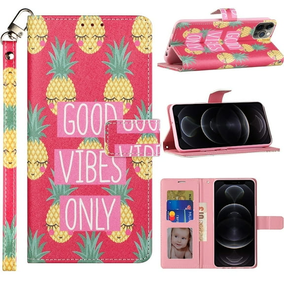 GSA "Good Vibes Only" Pineapple Wallet Case For iPhone 12, 12 Pro (6.1") - Pink