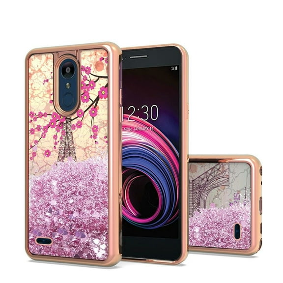 GSA Liquid Glitter Eiffel Tower Blossom Case for LG Aristo 2, 3, 3+ - Rose Gold