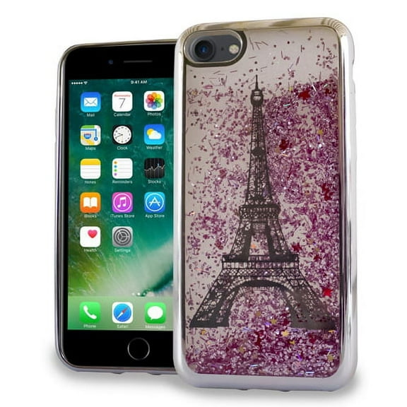GSA Liquid Glitter Eiffel Tower Case For iPhone SE (2022-20), 8, 7, Silver/Pink