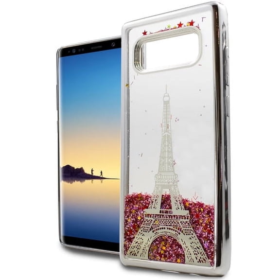 GSA Liquid Glitter Image Eifel Tower Paris For Samsung Galaxy Note 8 Silver Pink