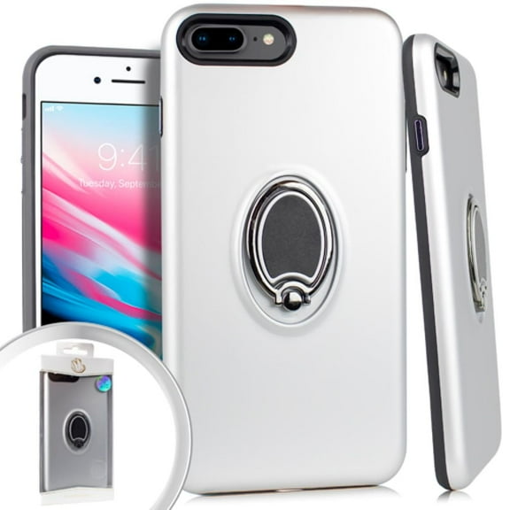 GSA Metallic Hybrid Case w/Magnet Ring Stand for iPhone 8+/7+/6+/6S+ - Silver