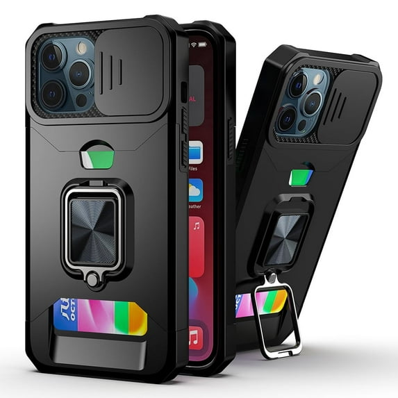 GSA Multi-Functional Card Magnetic Ring Stand Camera Case For iPhone SE (2022-20), 8 & 7 Black