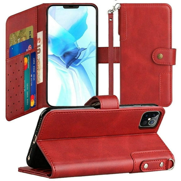 GSA Retro Wallet Card Holder Case Cover for iPhone 12 Pro Max 6.7" - Red