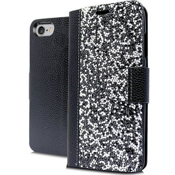 GSA Rock Bling Wallet Case For iPhone SE (2022-20), 8, 7 (4.7") Black/Silver