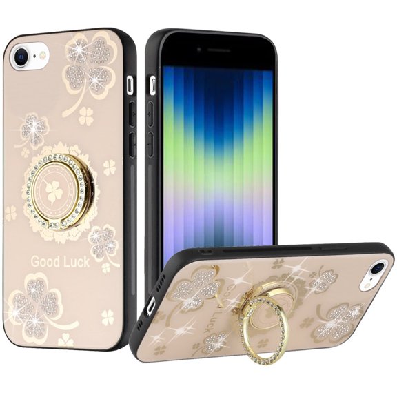 GSA Splendid Engraved Ornaments Diamond Glitter Case For iPhone SE (2020-20), 8 & 7- Clover,Gold