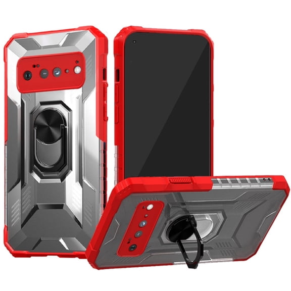 GSA Stylish Shockproof Magnetic Ring Stand Case For Google Pixel 6 Pro Clear/Red