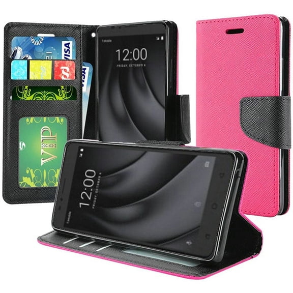 GSA Textured Leather Flip Wallet Case for Coolpad REVVL Plus - Hot Pink/Black