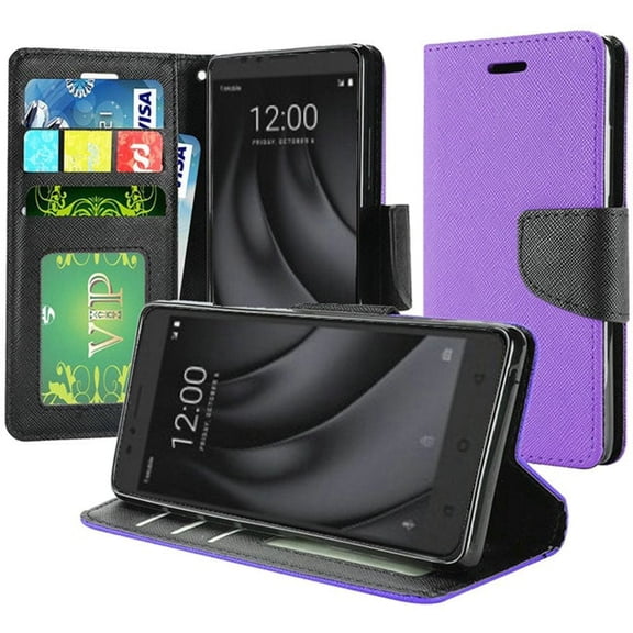 GSA Textured Leather Flip Wallet Case for Coolpad Revvl Plus - Purple/Black