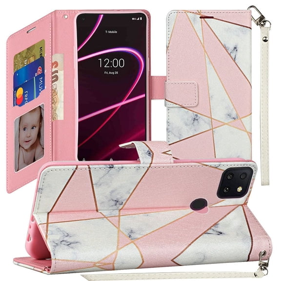 GSA Vegan Design Wallet Id Card Case for Revvl 5g, T 790 Pink/Marble