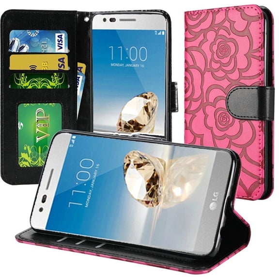 GSA Wallet Roses Embossed CC Slot Wallet Case For LG Aristo 2, 3 & 3 Plus, Hot Pink