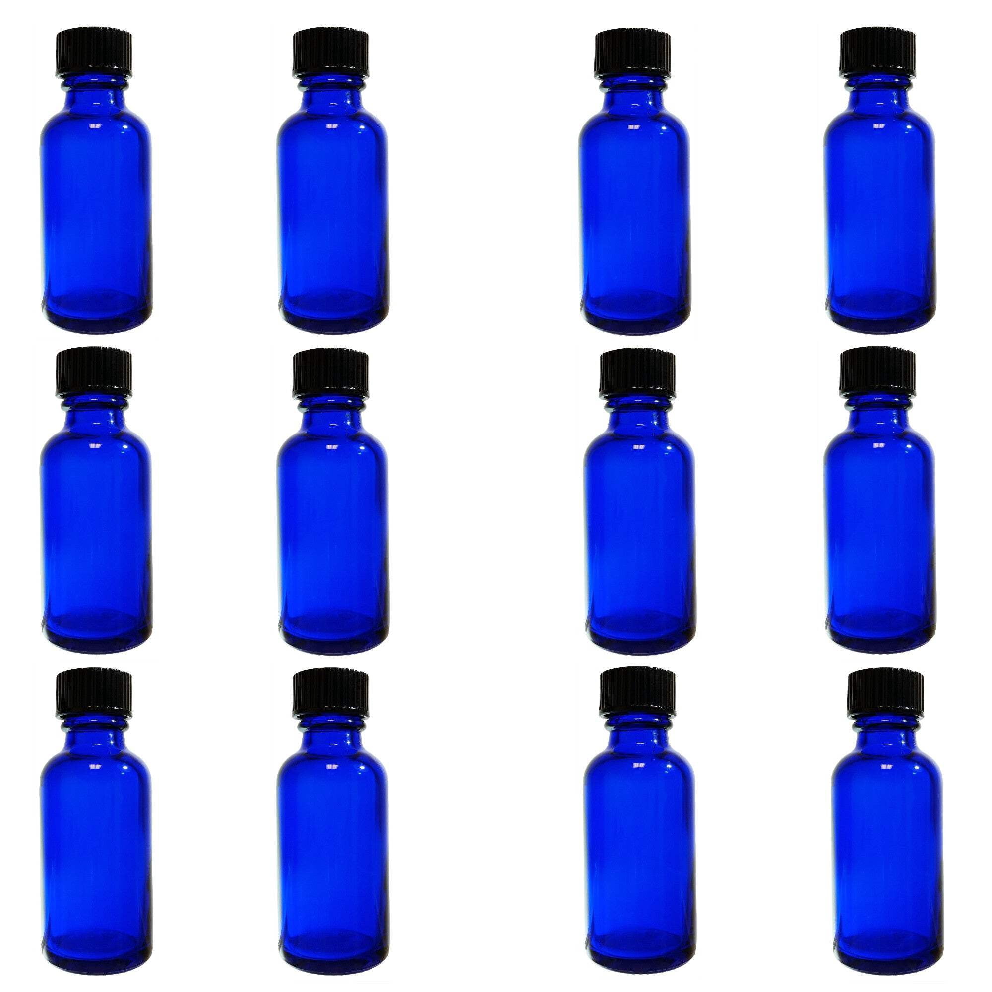 Bottle, Flint Glass Cobalt Blue Color, 1 ounce, with cap.  Pack 12.