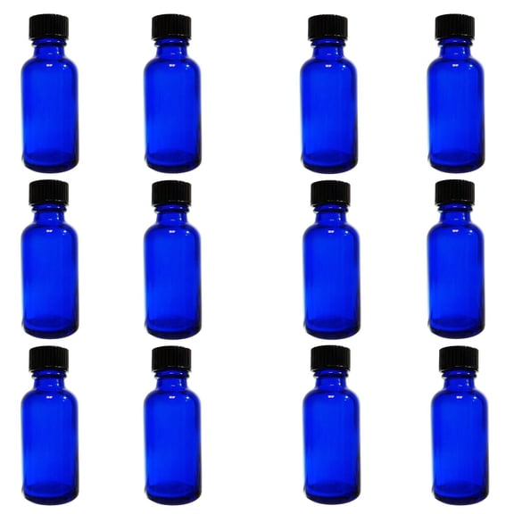 Bottle, Flint Glass Cobalt Blue Color, 1 ounce, with cap. Pack 12.