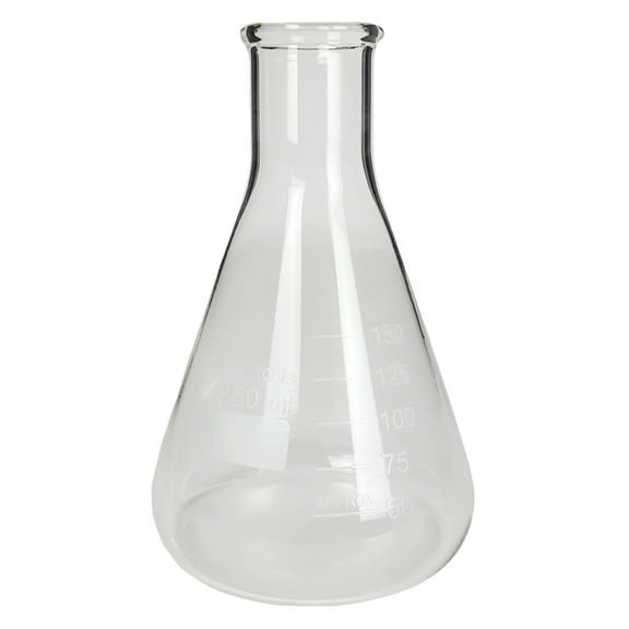 Flask, Erlenmeyer Conical Shape, Standard Neck, 150ml capacity. Made from Borosilicate Glass, that is resistant to thermal shock and a good fit for any laboratory, science classroom, or homeschool.