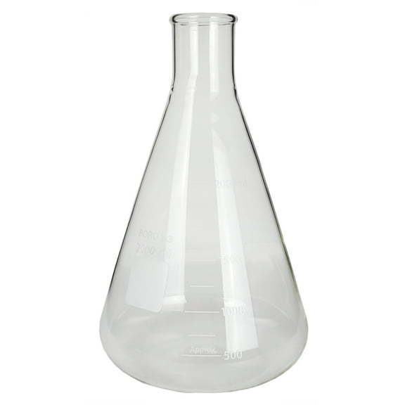 Flask - Erlenmeyer Flask, Conical Shape, Standard Neck, 2000ml capacity. Made from Borosilicate Glass, that is resistant to thermal shock and a good fit for any laboratory, science classroom, or