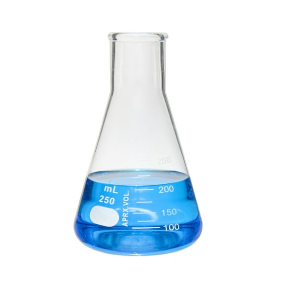 Flask - Erlenmeyer Flask, Conical Shape, Standard Neck, 250ml capacity, Borosilicate Glass, that is resistant to thermal shock and a good fit for any laboratory, science classroom, or homeschool.