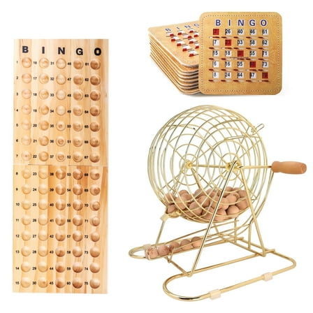 GSE Deluxe Bingo Game Set with Large Brass Bingo Cage, 10 Shutter Slide Bingo Cards, Master Board, 7/8" Calling Balls for Large Groups, Parties, Bingo Hall, Game Night