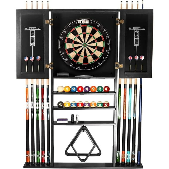 GSE Games & Sports Expert 10 Cue Wall Mounting Billiard Cue Rack & Dart Board Cabinet Combination, Hanging Wall Pool Stick Holder & Dartboard - Black