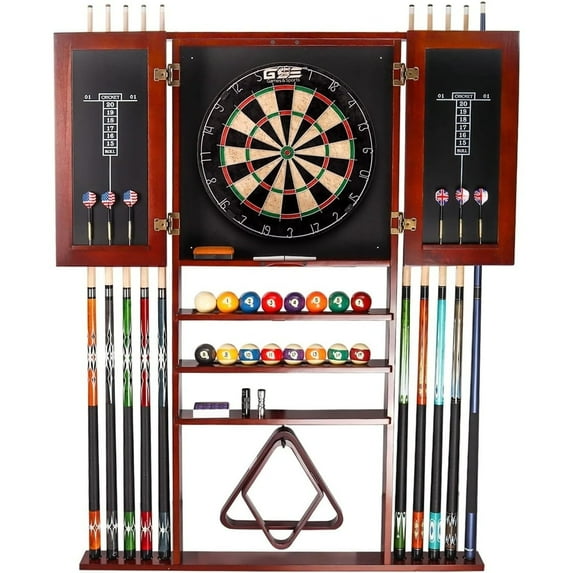 GSE Games & Sports Expert 10 Cue Wall Mounting Billiard Cue Rack & Dart Board Cabinet Combination, Hanging Wall Pool Stick Holder & Dartboard - Mahogany
