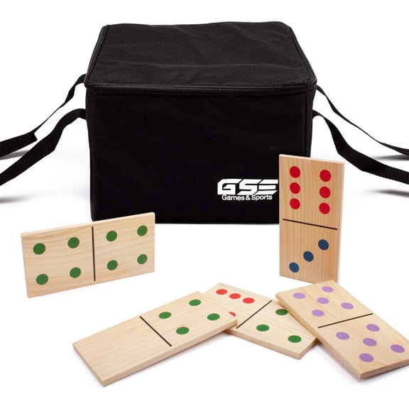 GSE Games & Sports Expert 10"x5" 28 Pieces Multi-Color Dots Giant Wooden Dominoes Game Set with Carry Bag. Family Dominoes Game Set for Outdoor Lawn Yard Games (Large)