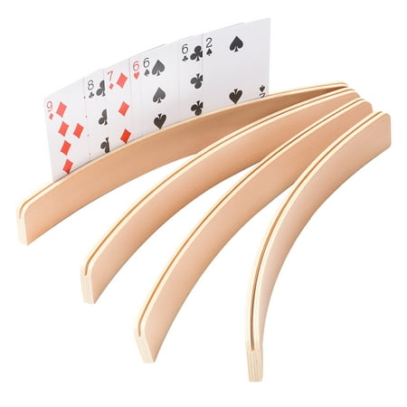GSE Games & Sports Expert 12.5" Wooden Playing Card Holders. Wood Curved Card Rack, Playing Card Trays for Bridge, Hand & Foot, Rummy, UNO Card Games Playing (4-Pack)