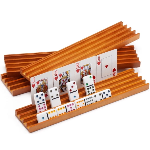 GSE Games & Sports Expert Set of 4 Wooden Domino & Playing Card Racks Trays Holders, Organizer for Mexican Train/Chicken Foot Dominoes Games and Card Games