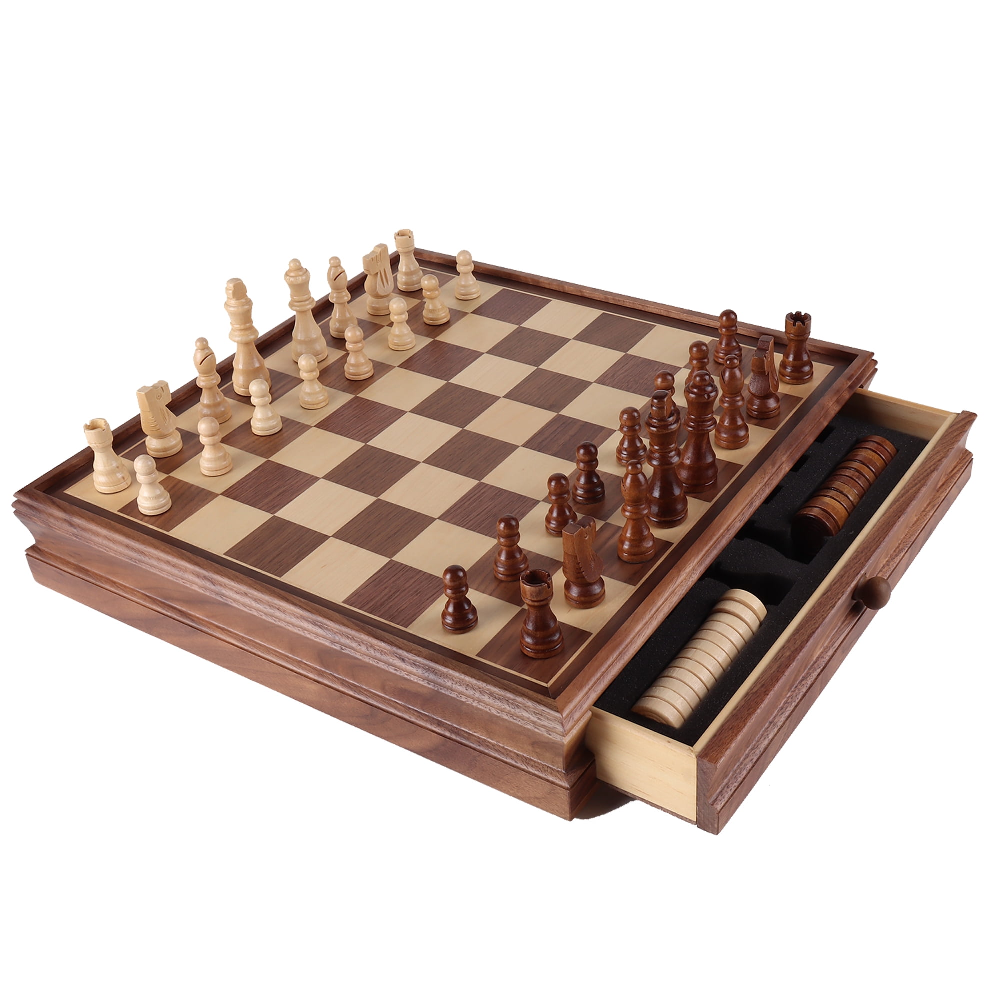 15" Wooden Chess and Checkers Board Game Set with Storage Drawer