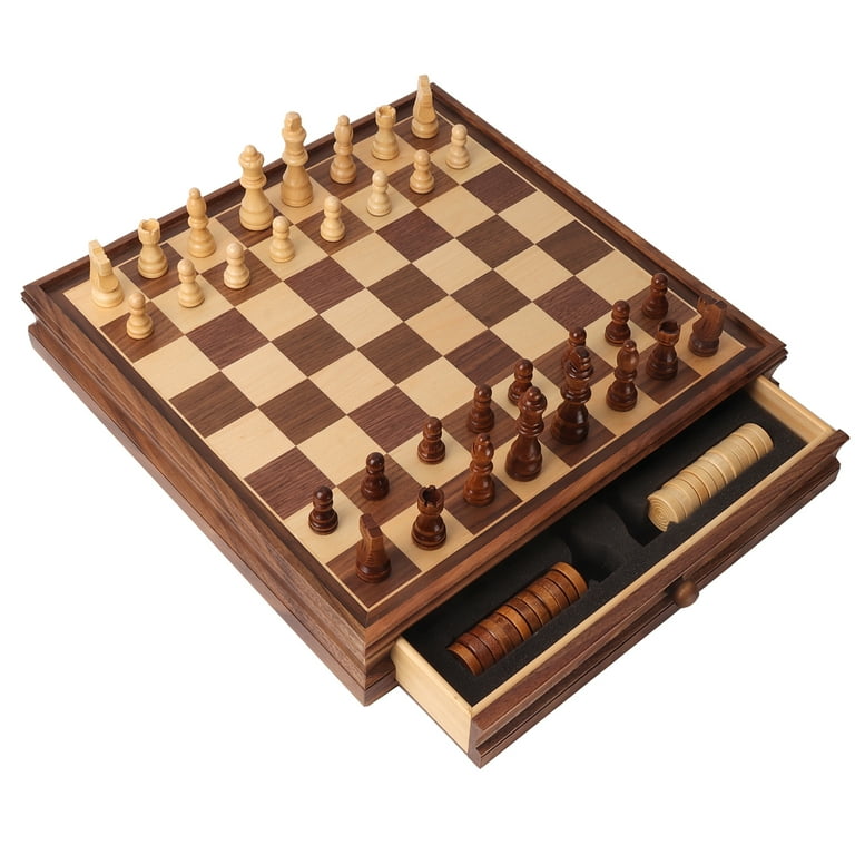 VAMSLOVE Chess and Checkers Board Game Sets for Adults Wooden Deluxe 15  inch Wood Board Box with Storage, Classic 2 in 1 Large Size with Chess  Pieces