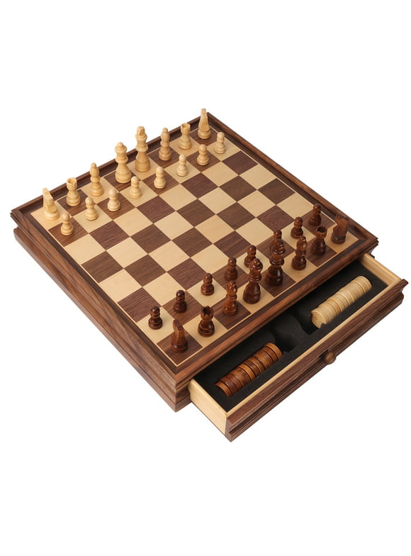 GSE Games & Sports Expert 15" 2-in-1 Large Wooden Chess and Checkers Board Game Combo Set Chess Board Game with Storage Drawer,32 Chessman and 30 Pieces Checkers