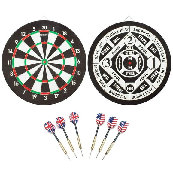 GSE Games & Sports Expert 18" 2-in-1 Paper Baseball & Dart Board Games Set. Double-Sided Dartboard with six 17G Steel Tip Darts