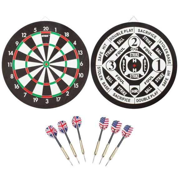 GSE Games & Sports Expert 18" 2-in-1 Paper Baseball & Dart Board Games Set. Double-Sided Dartboard with six 17G Steel Tip Darts