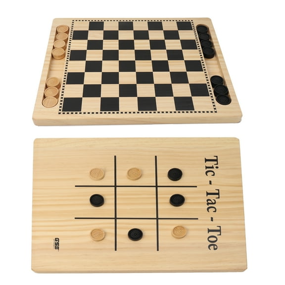 GSE Games & Sports Expert 2-in-1 Reversible Solid Wood Checkers & Tic-Tac-Toe Board Game Combo Set. Family Board Game for Kids and Adults