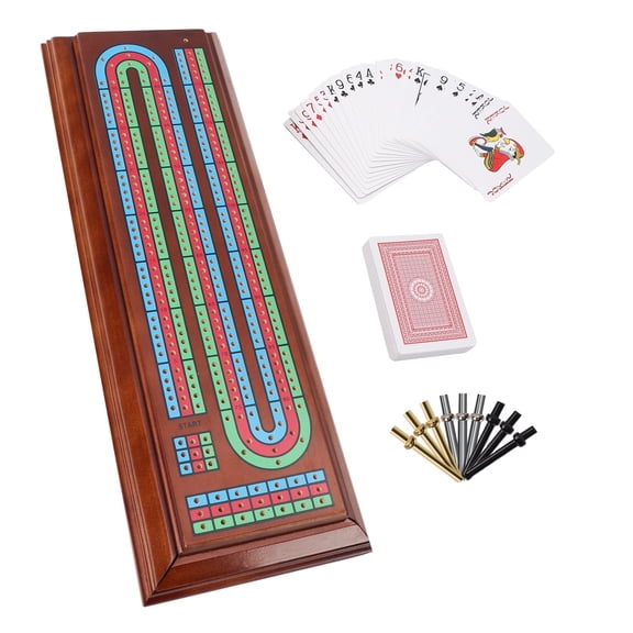 GSE Games & Sports Expert 3-Track Multi-Color Wooden Cribbage Board Game with 2 Deck Playing Cards, 9 Metal Pegs
